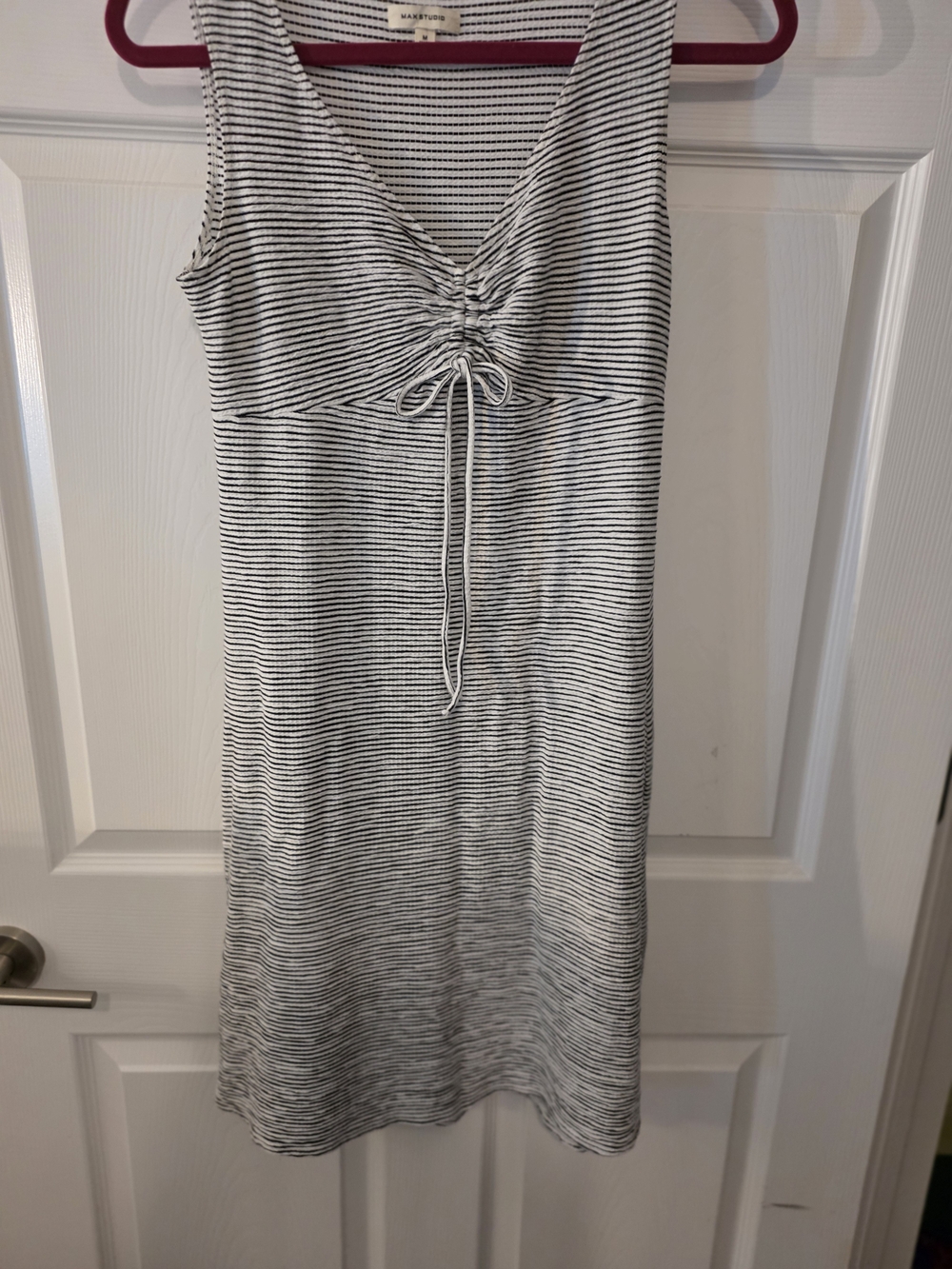 Max Studio Black and White Striped Midi Drawstring Dress